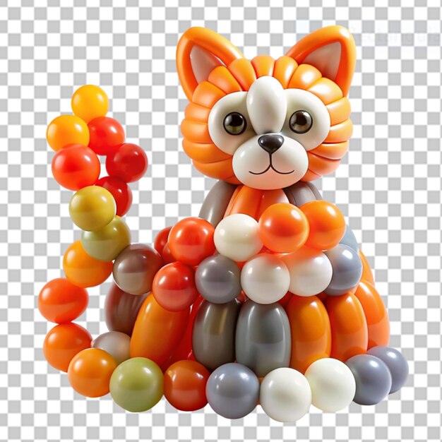 PSD cat sculpted from multicolored balloons orange and gray on transparent background