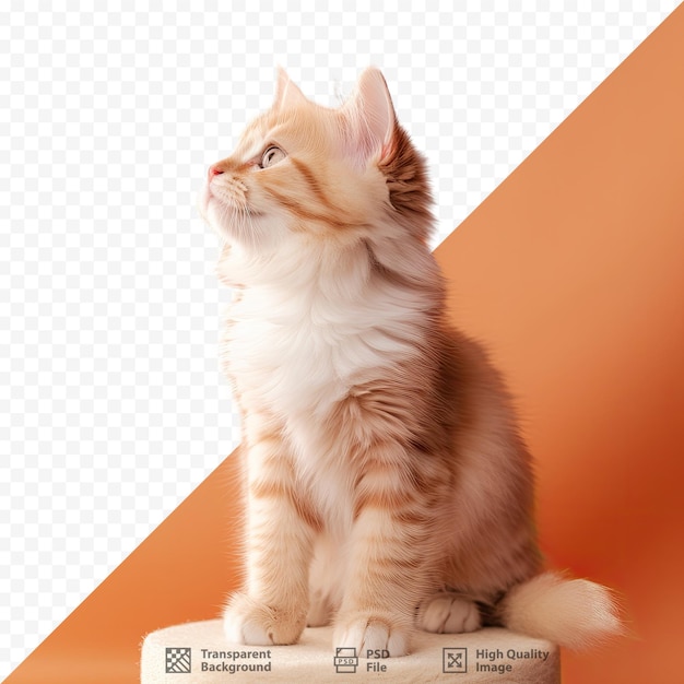 PSD a cat sits on a box with an orange background.