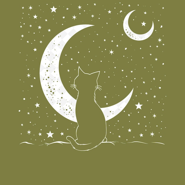 A cat sits on a moon with stars and a cat sitting on it