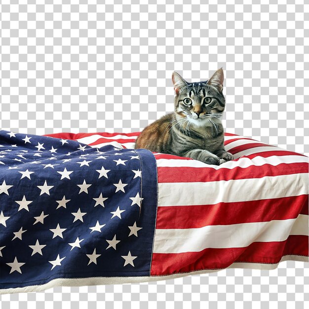 PSD cat sitting proudly on american flag isolated on transparent background