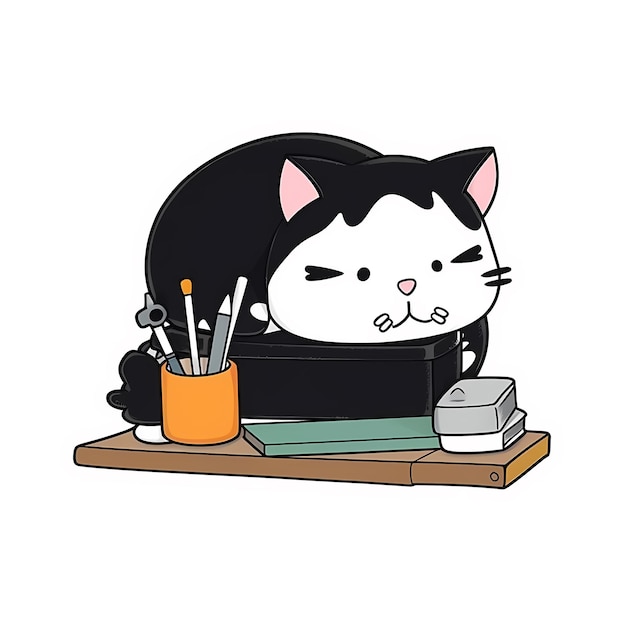 PSD cat studying kawaii sticker png transparent file