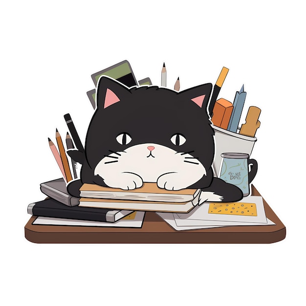 PSD cat studying kawaii sticker png transparent file