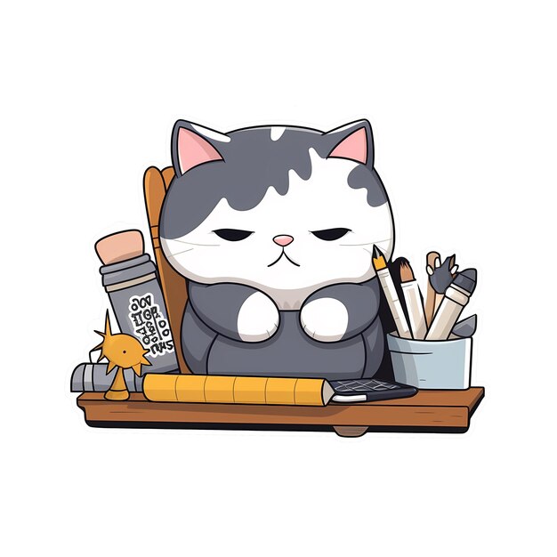 Cat studying kawaii sticker png transparent file