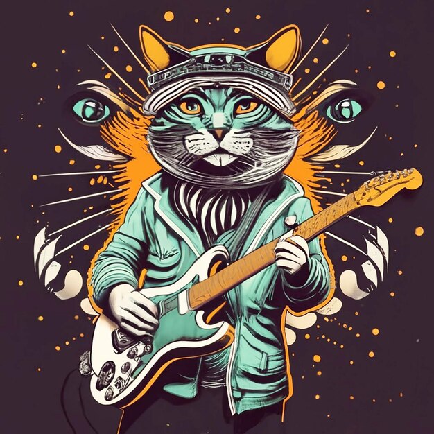 PSD stile gatto con illustratore vettoriale di chitarra