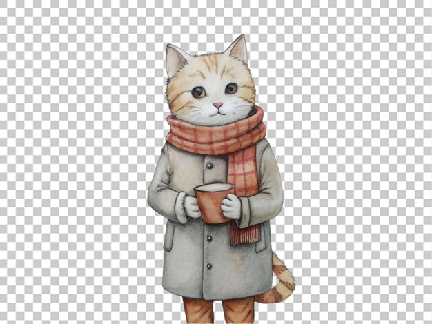 Cat wearing a coat and scarf and holding a cup of on white transparent