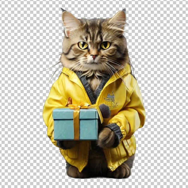 PSD a cat wearing glasses and a yellow jacket holding gift box