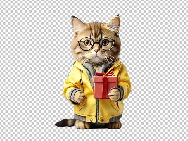 PSD a cat wearing glasses and a yellow jacket holding gift box