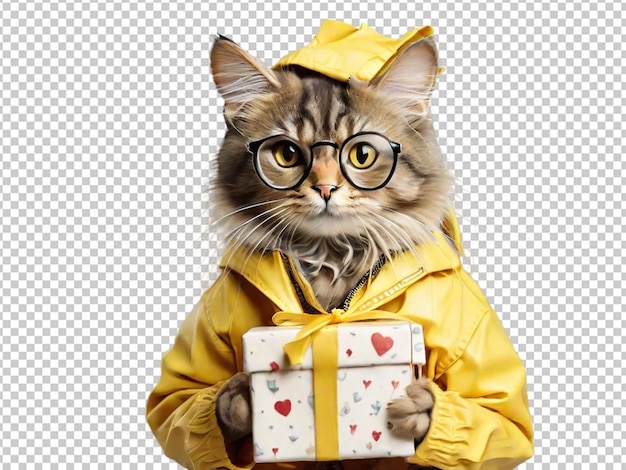 PSD a cat wearing glasses and a yellow jacket holding gift box