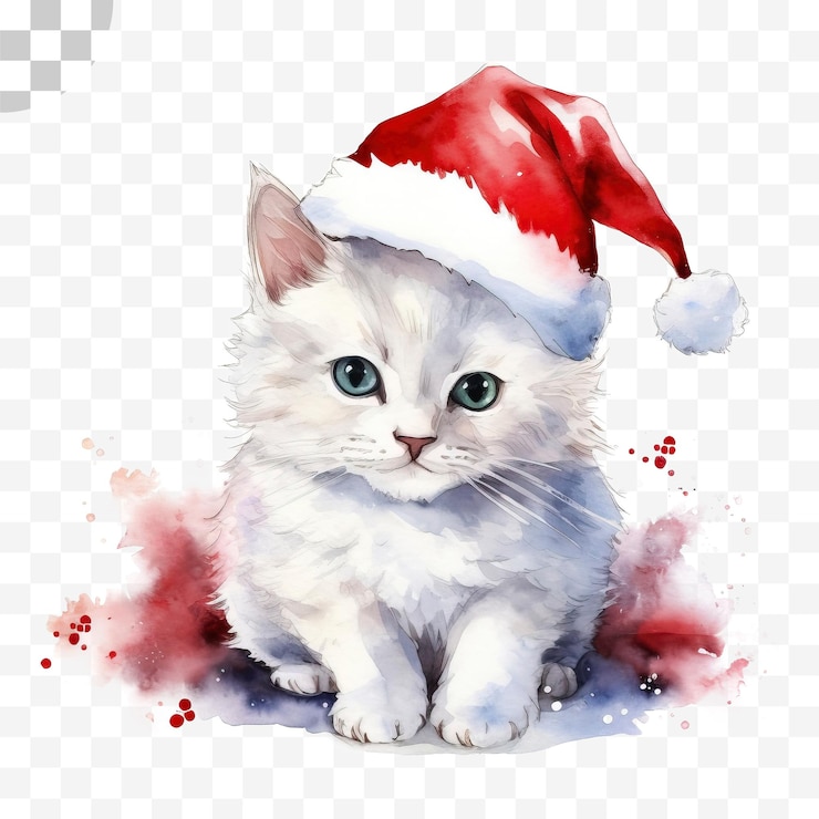 PSD cat wearing santa hat watercolor transparent background