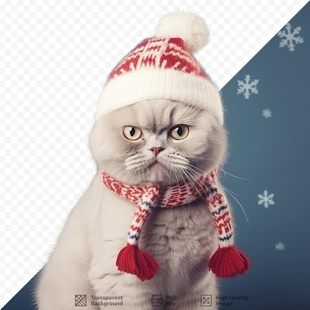 PSD un gatto che indossa un cappello da babbo natale con un fiocco di neve sopra.