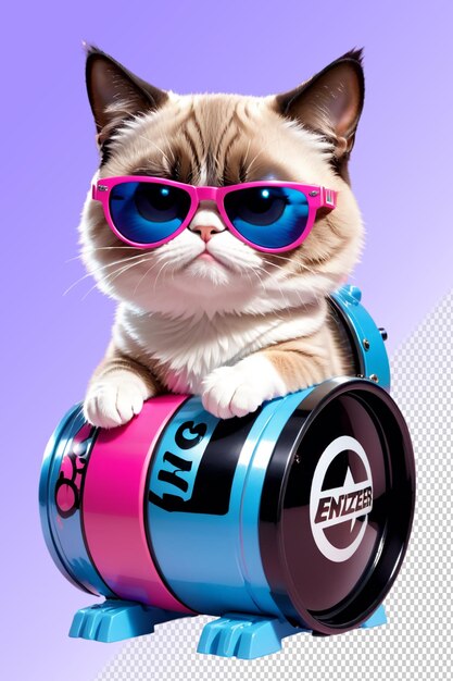 A cat wearing sunglasses sits in a can of pimp