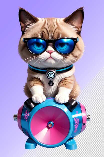 PSD a cat wearing sunglasses sits on a radio with a pink wheel