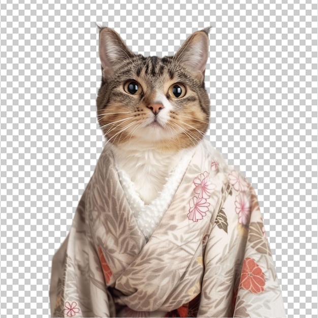 PSD gatto con un kimono bianco su uno sfondo bianco