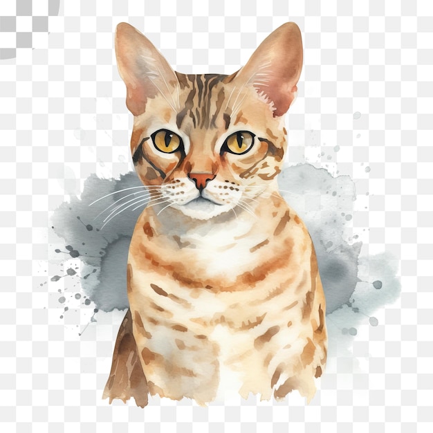 PSD a cat with a blue and white stripe on its face is a watercolor painting of a cat.