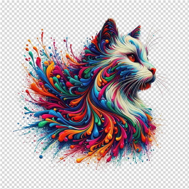 A cat with a colorful head is drawn by colorful lines