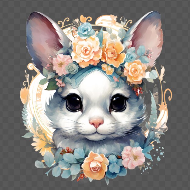 A cat with a crown of flowers on its head