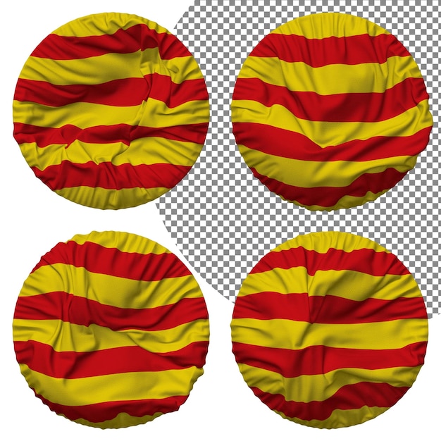 PSD catalonia senyera flag round shape isolated different waving style bump texture 3d rendering