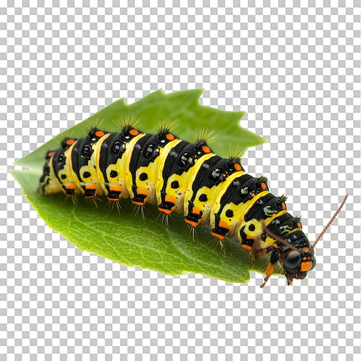 PSD caterpillar crawling on a leaf against transparent background for nature studies educational materials or insect themed content