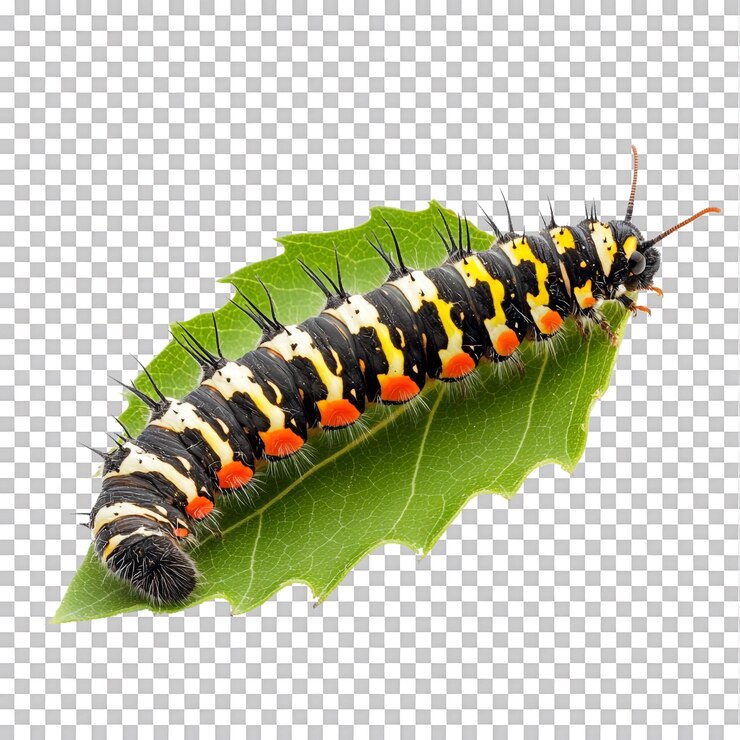 PSD caterpillar crawling on a leaf against transparent background for nature studies educational materials or insect themed content