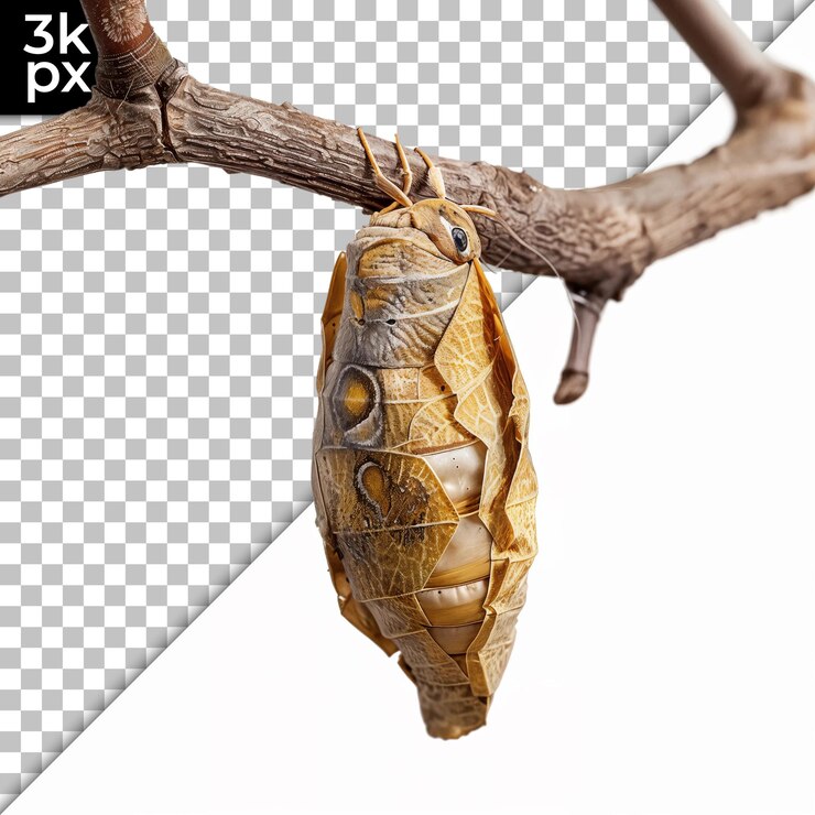 PSD caterpillar hanging on oak branch transparent background