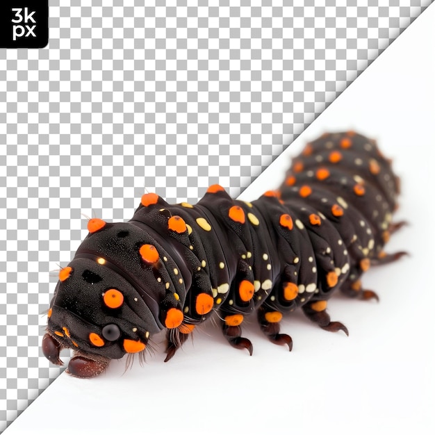 PSD a caterpillar with orange spots on it and the letters lg