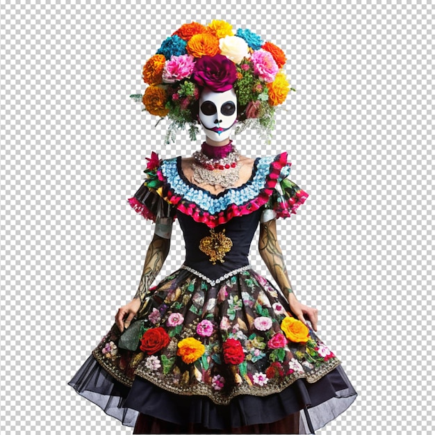 PSD catrina or skull sugar dia de os muertos costume on transparent background