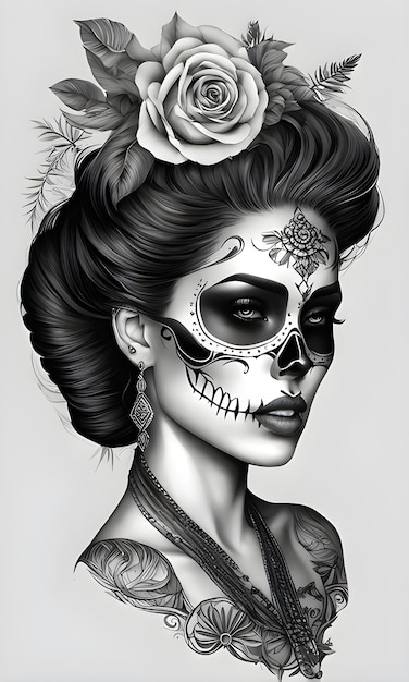 PSD disegno del tatuaggio di catrina in stile realistico