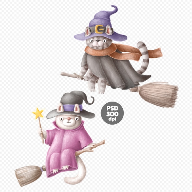 PSD cats witches cute hand-drawn characters isolated