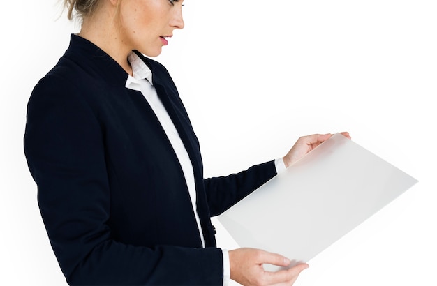 PSD caucasian business woman holding document