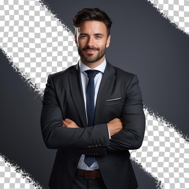 A caucasian businessman in a suit stands on a transparent background arms crossed smiling at the camera