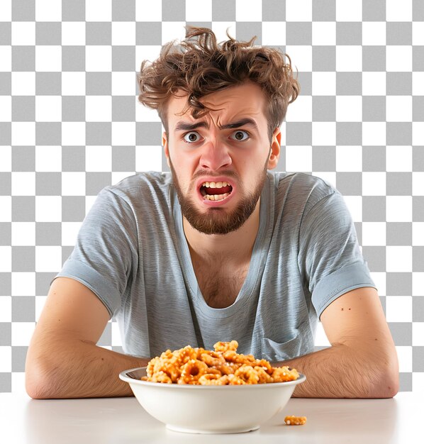 caucasian man having breakfast in a table with an expression of frustration on a transparent background