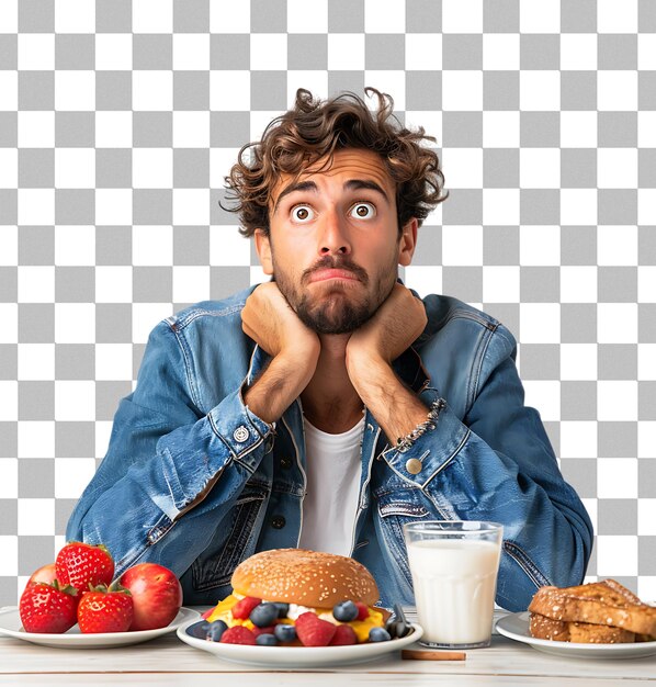 caucasian man having breakfast in a table with an expression of frustration on a transparent background