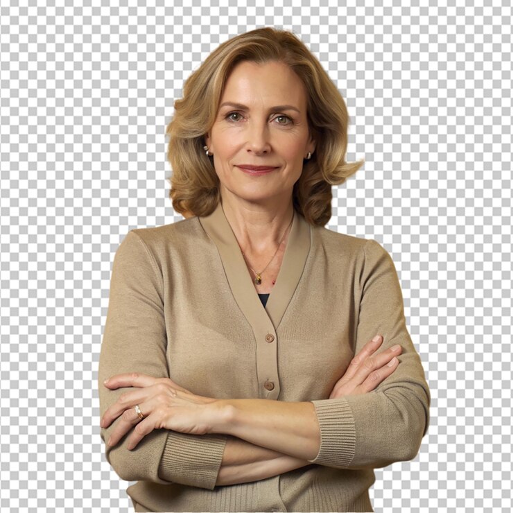 PSD caucasian mid age female on studio on transparent background