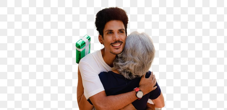 PSD caucasian mother and her black son isolated on white background