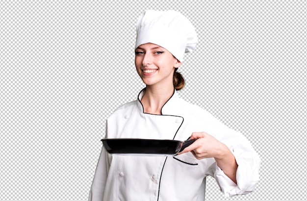 Caucasian pretty blonde woman chef with a frying pan concept