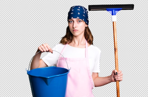 PSD caucasian pretty blonde woman housekeeper and cleaning windows concept