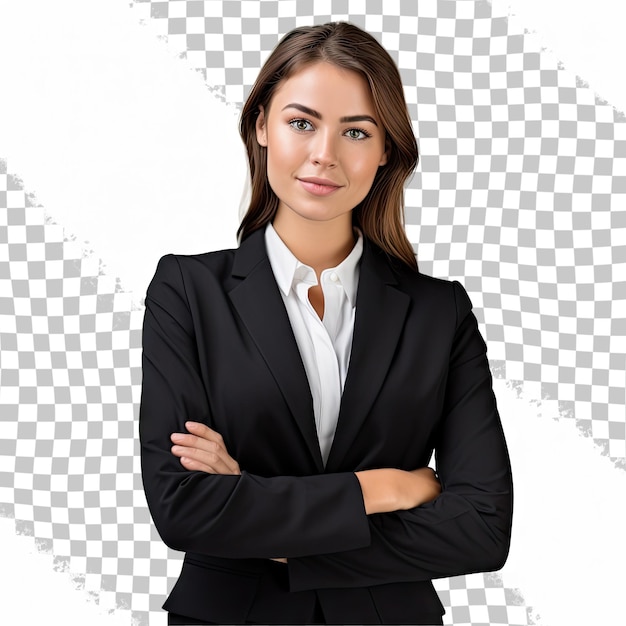 PSD caucasian successful confident young businesswoman ceo boss bank employee worker manager with arms crossed in formal wear isolated in transparent background