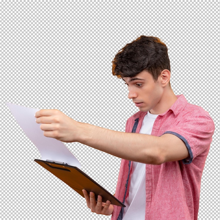 PSD caucasian young man wearing pink shirt looking to clipboard on isolated orange wall