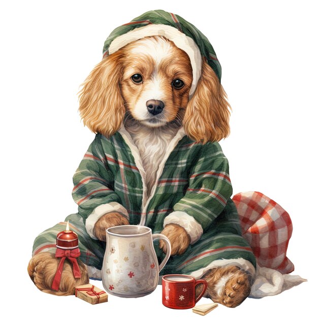 Cavalier king charles spaniel in cozy christmasthemed pajamas watercolor