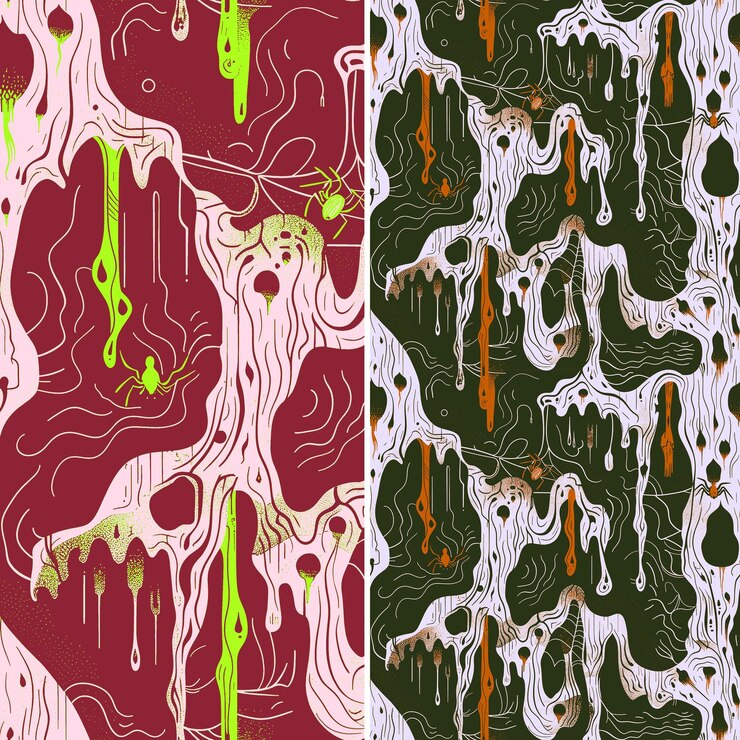 PSD cave patterns with bat stalactite and spider silhouettes dar png traditional abstract designs