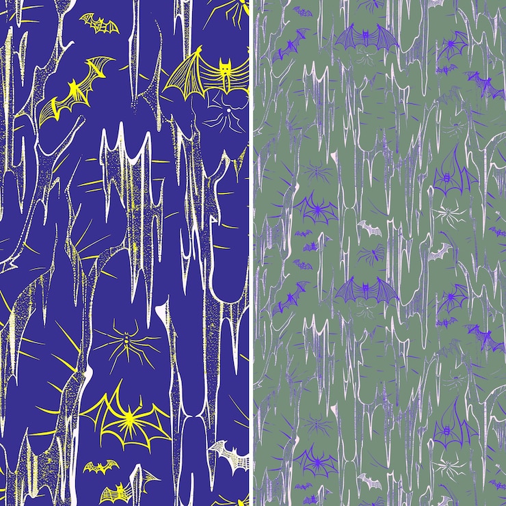 PSD cave patterns with bat stalactite and spider silhouettes dar png traditional abstract designs