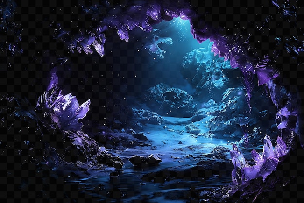 A cave with a blue ocean and a fish inside of it