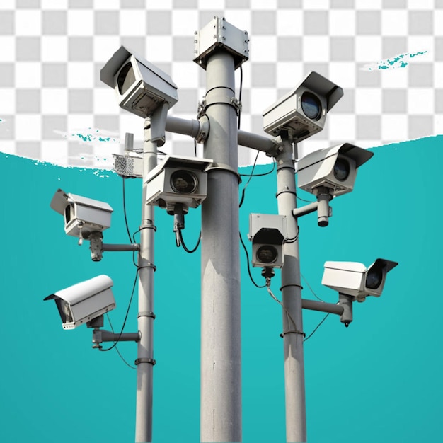 PSD cctv cameras on isolated poles in a tech setting isolated on transparent background