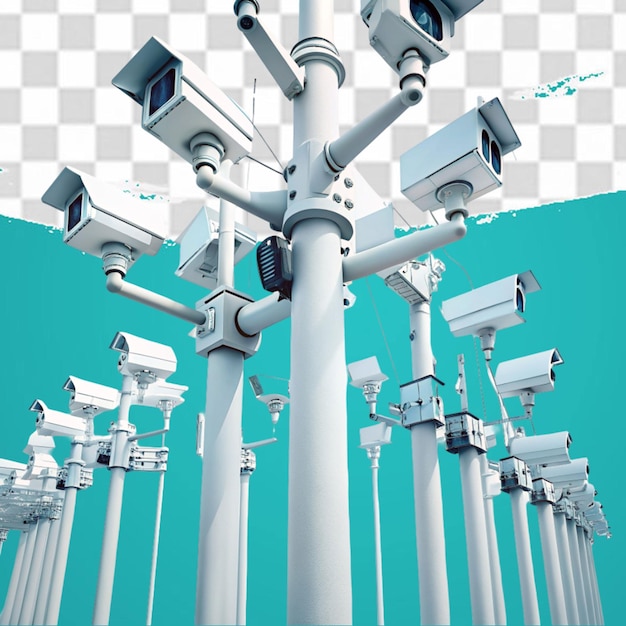 PSD cctv cameras on isolated poles in a tech setting isolated on transparent background