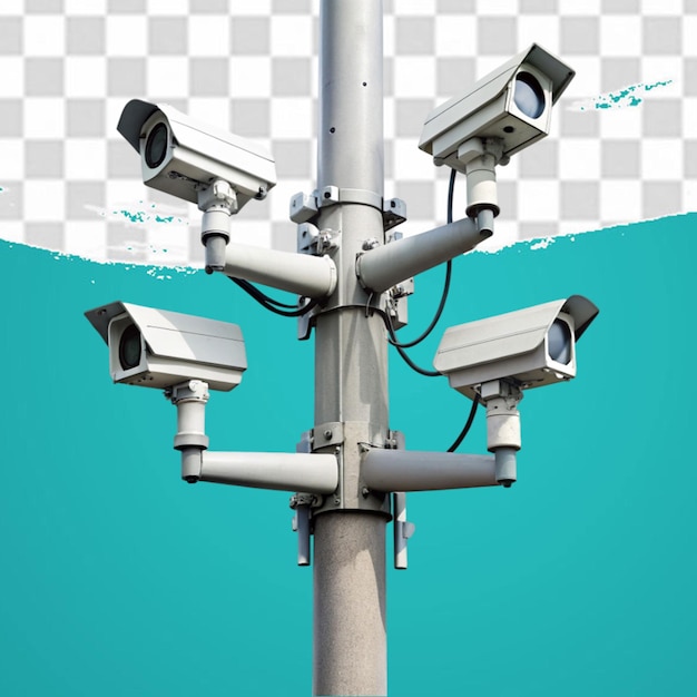 PSD cctv cameras on isolated poles in a tech setting isolated on transparent background