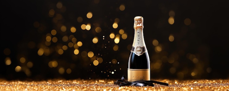 PSD celebrating party with bottle champagne glow confetti on the background