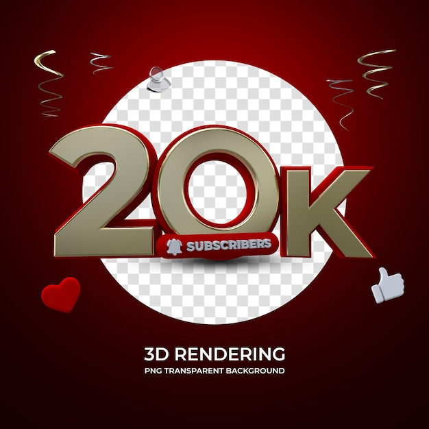 Celebration 20k subscribers 3d rendering isolated transparent background