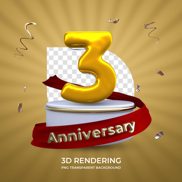 Celebration 3 years anniversary 3d rendering isolated transparent background