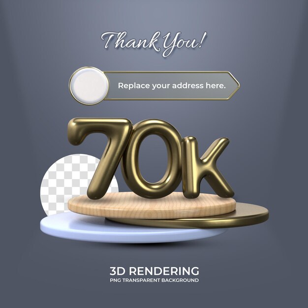 Celebrazione 70k social media fan poster modello rendering 3d