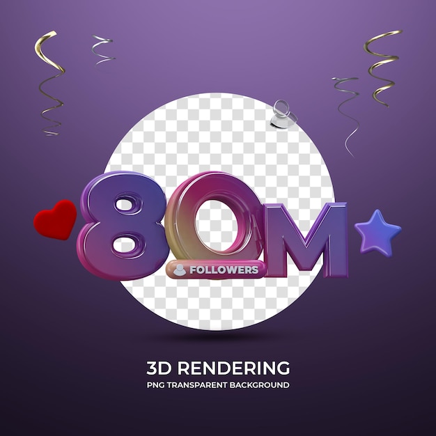 Celebration 80m followers 3d rendering isolated transparent background